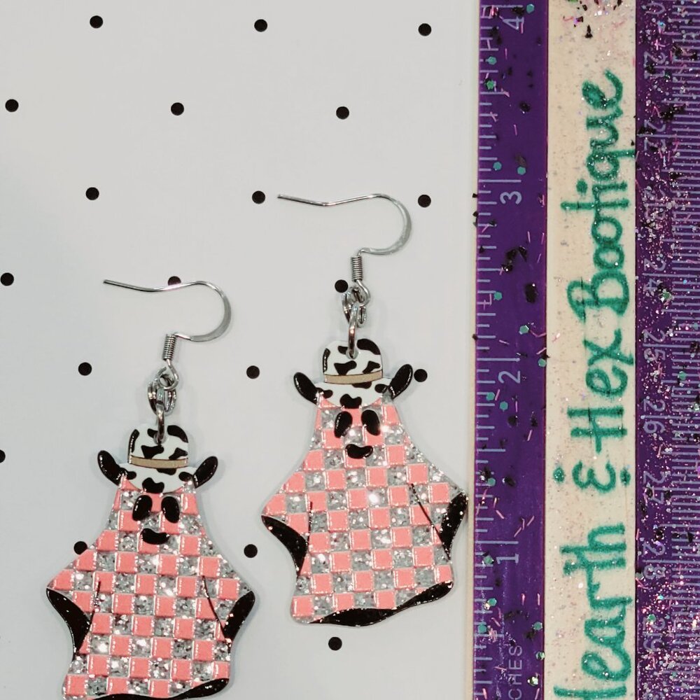 Pink Checkered Cowboy Ghost Earrings Stainless Steel Hooks Western Halloween NEW - Picture 5 of 7
